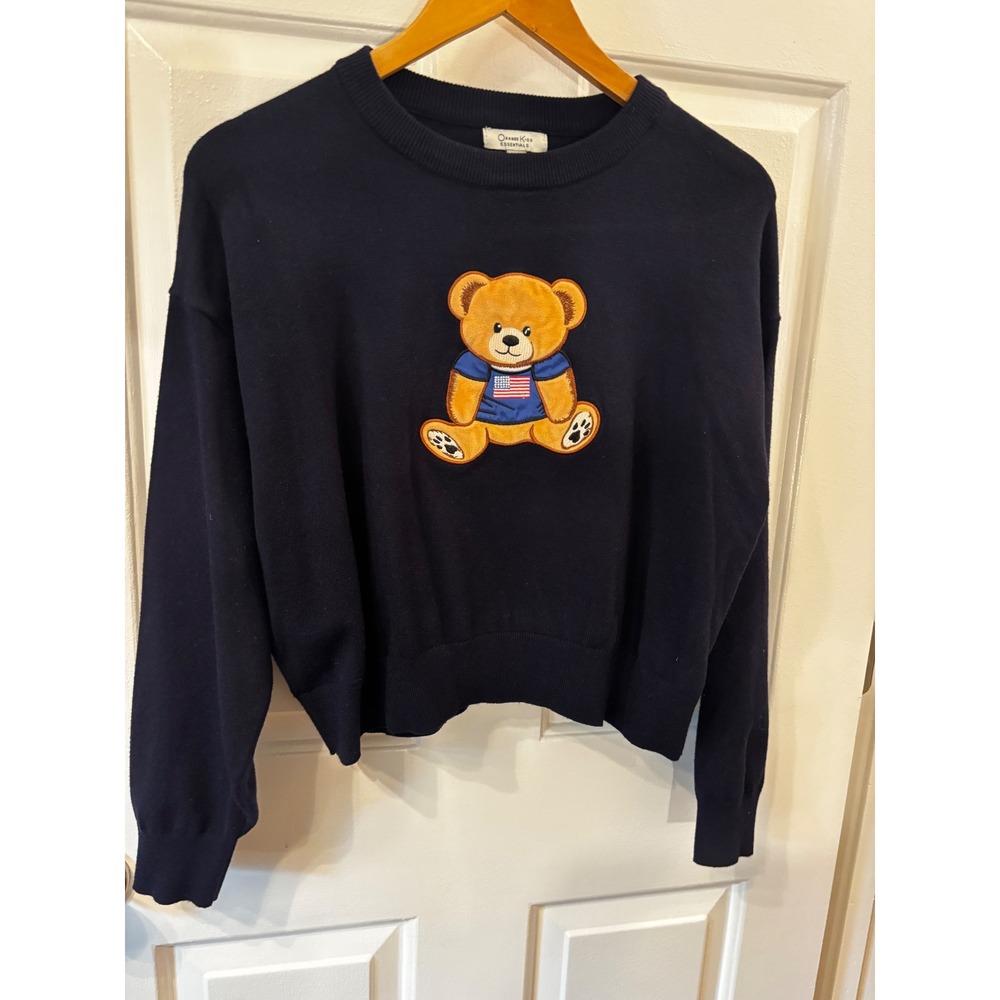 Orange Kiss Cozy Essentials Navy Blue Teddy Bear American Flag Sweater Women L
